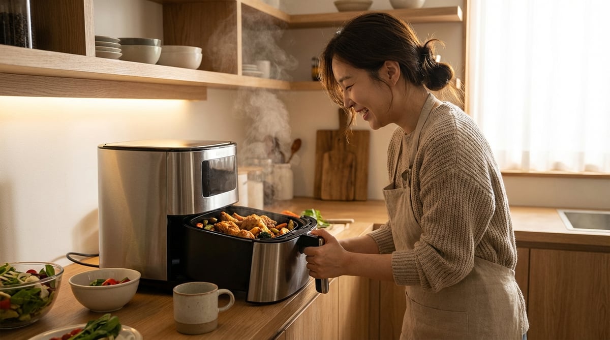 모던 주방에서 에어프라이어를 사용해 바삭한 요리를 만드는 30대 한국 여성