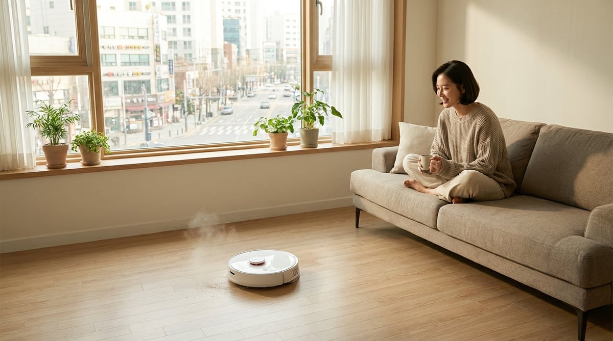 한국 아파트 거실에서 로봇청소기가 마루 바닥을 청소하는 모습 물걸레 청소 장면