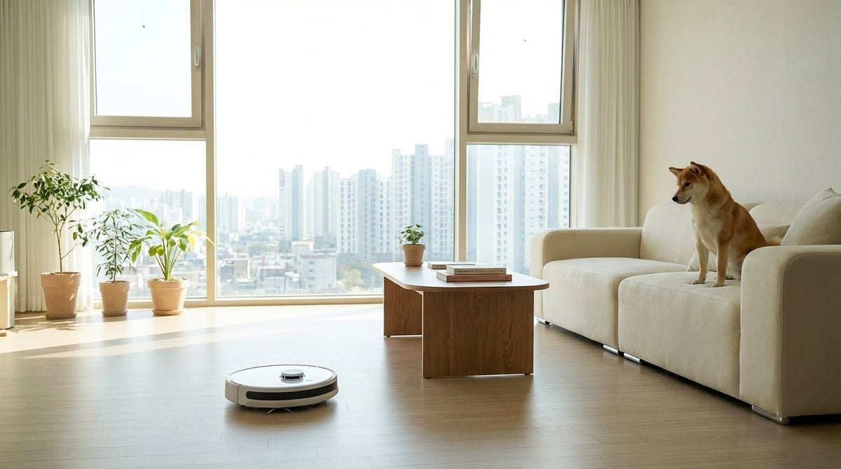한국 아파트 거실에서 로봇청소기가 바닥을 청소하고, 반려견이 호기심 어린 눈으로 지켜보는 라이프스타일 사진