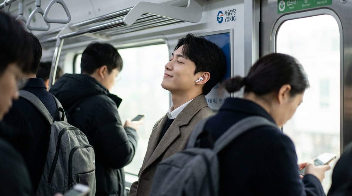 서울 지하철에서 무선 이어버드를 착용하고 눈을 감고 음악을 즐기는 한국인 직장인, 출퇴근길 노이즈캔슬링 사용 모습