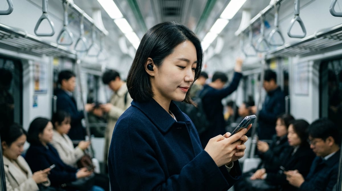 서울 지하철에서 무선 이어폰을 착용하고 출퇴근하는 한국 여성