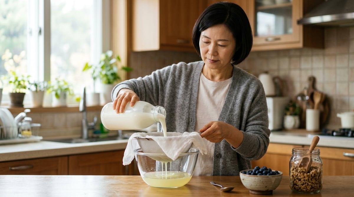 아침 주방에서 면포를 깐 체에 묽은 요거트를 부어 유청을 거르는 50대 한국 여성