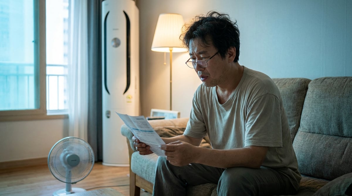 여름밤 거실에서 전기요금 고지서를 확인하는 중년 남성과 스탠드 에어컨