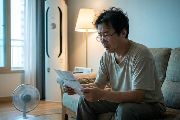 여름밤 거실에서 전기요금 고지서를 확인하는 중년 남성과 스탠드 에어컨