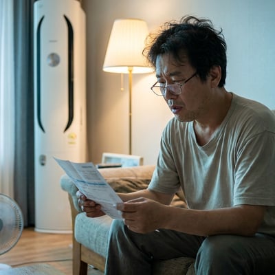 여름밤 거실에서 전기요금 고지서를 확인하는 중년 남성과 스탠드 에어컨