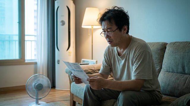 여름밤 거실에서 전기요금 고지서를 확인하는 중년 남성과 스탠드 에어컨