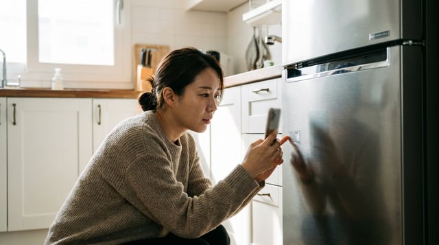 냉장고 옆면의 모델명 스티커를 스마트폰으로 확인하는 여성