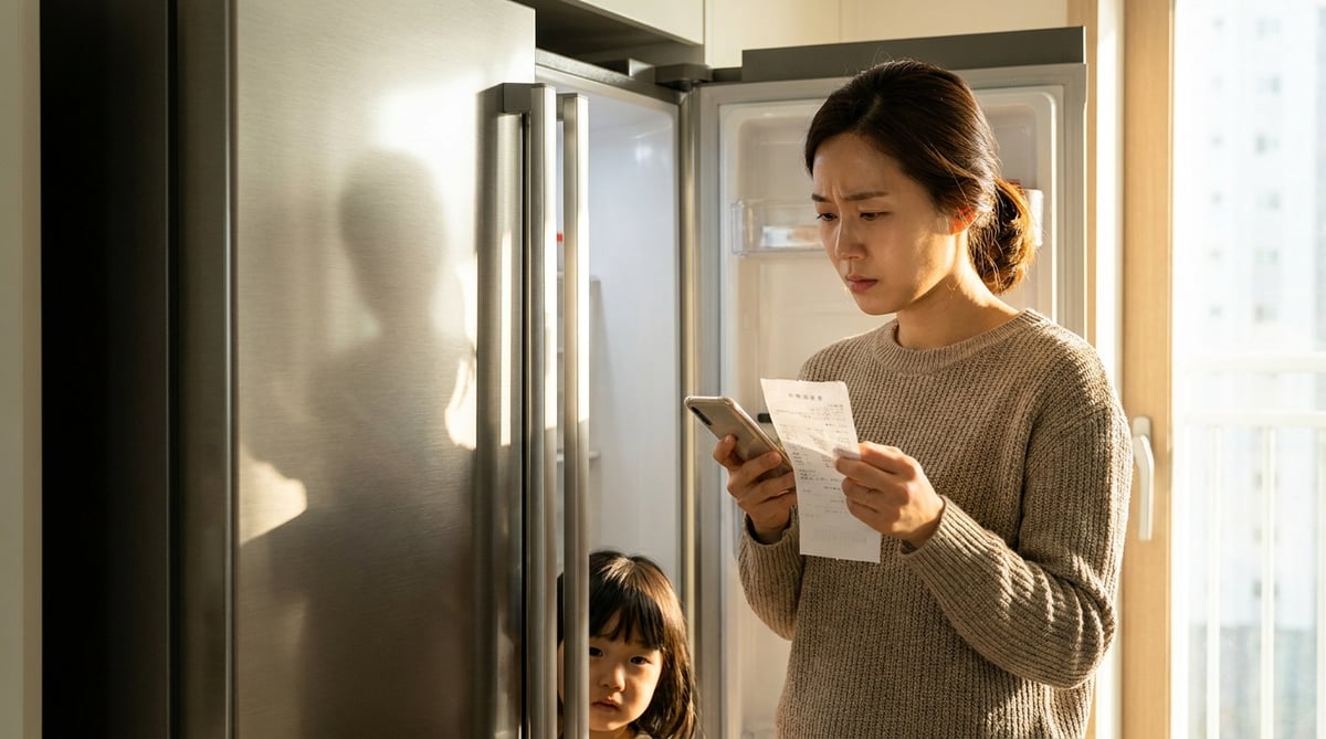 새 냉장고 앞에서 영수증과 스마트폰으로 환급 신청을 확인하는 엄마와 아이