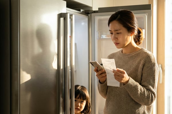 새 냉장고 앞에서 영수증과 스마트폰으로 환급을 확인하는 엄마와 아이