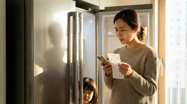 새 냉장고 앞에서 영수증과 스마트폰으로 환급을 확인하는 엄마와 아이