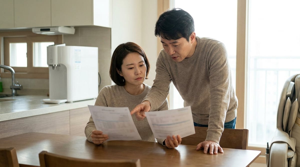 식탁에서 렌탈 견적서와 구매 견적서를 나란히 비교하는 부부, 배경에 정수기와 안마의자