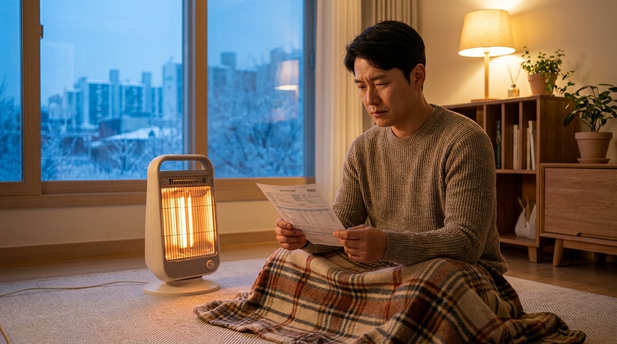 겨울 저녁 거실에서 전기히터를 켜둔 채 전기요금 고지서를 확인하는 40대 남성