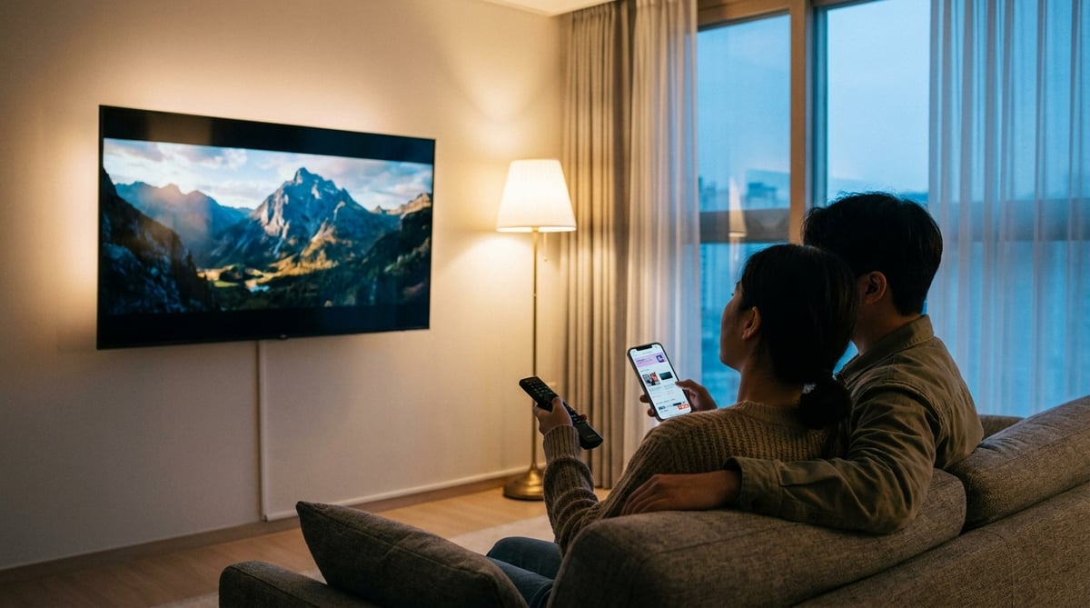저녁 거실 소파에서 TV 교체를 고민하며 대형 화면을 바라보는 한국 아파트 거실 풍경