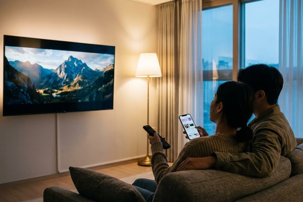 저녁 거실 소파에서 TV 교체를 고민하며 대형 화면을 바라보는 한국 아파트 거실 풍경