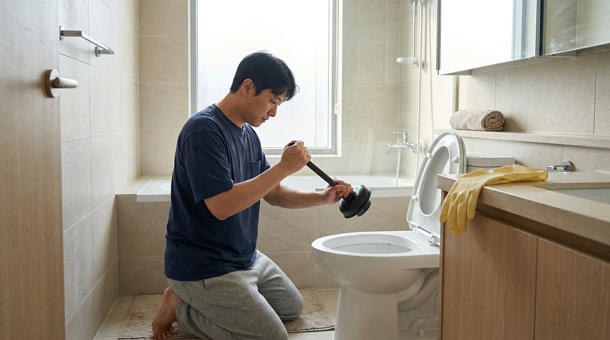 밝은 한국 아파트 욕실에서 변기용 뚫어뻥으로 변기를 뚫는 장면