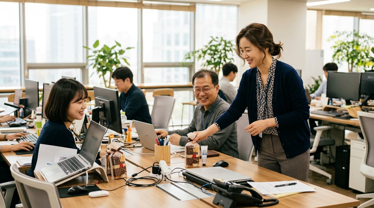 사무실에서 팀장이 팀원들 책상마다 같은 빼빼로 꾸러미를 하나씩 놓아 주는 장면