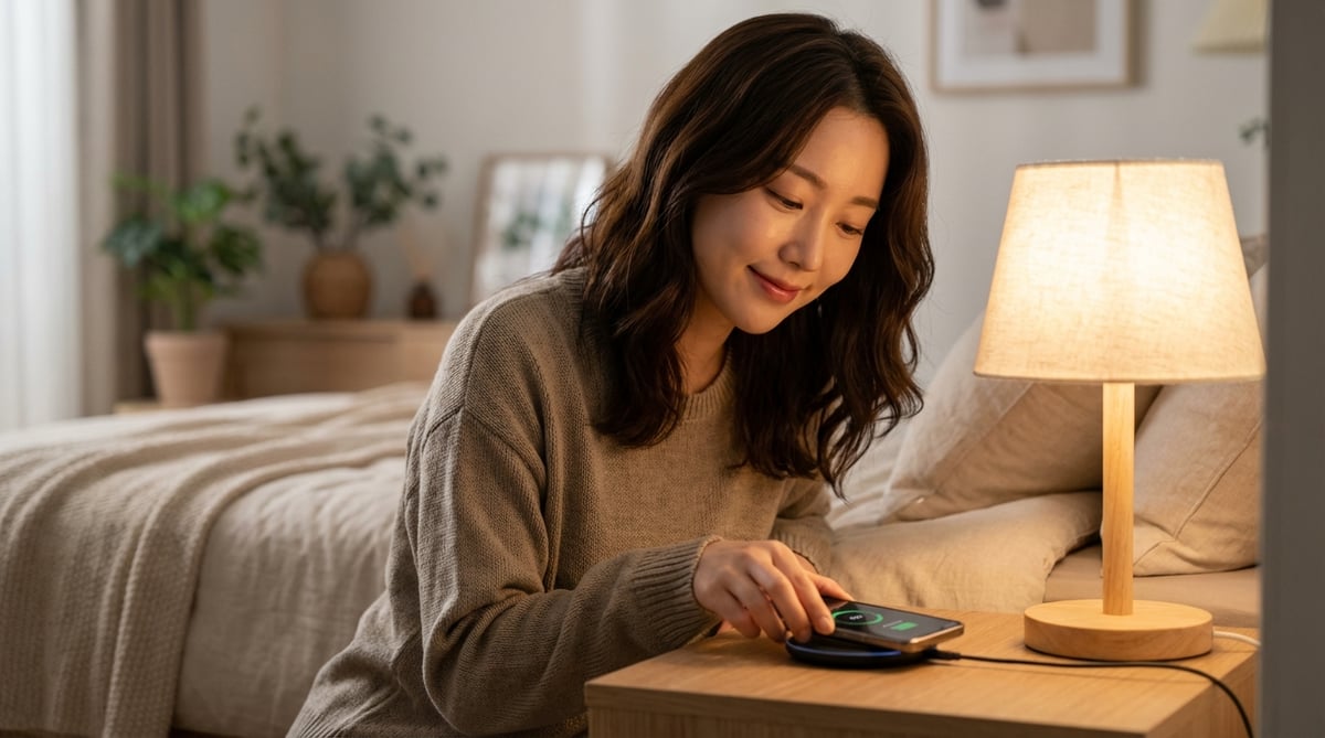 침실 사이드 테이블에서 스마트폰을 무선충전 패드에 올려놓는 한국인 여성