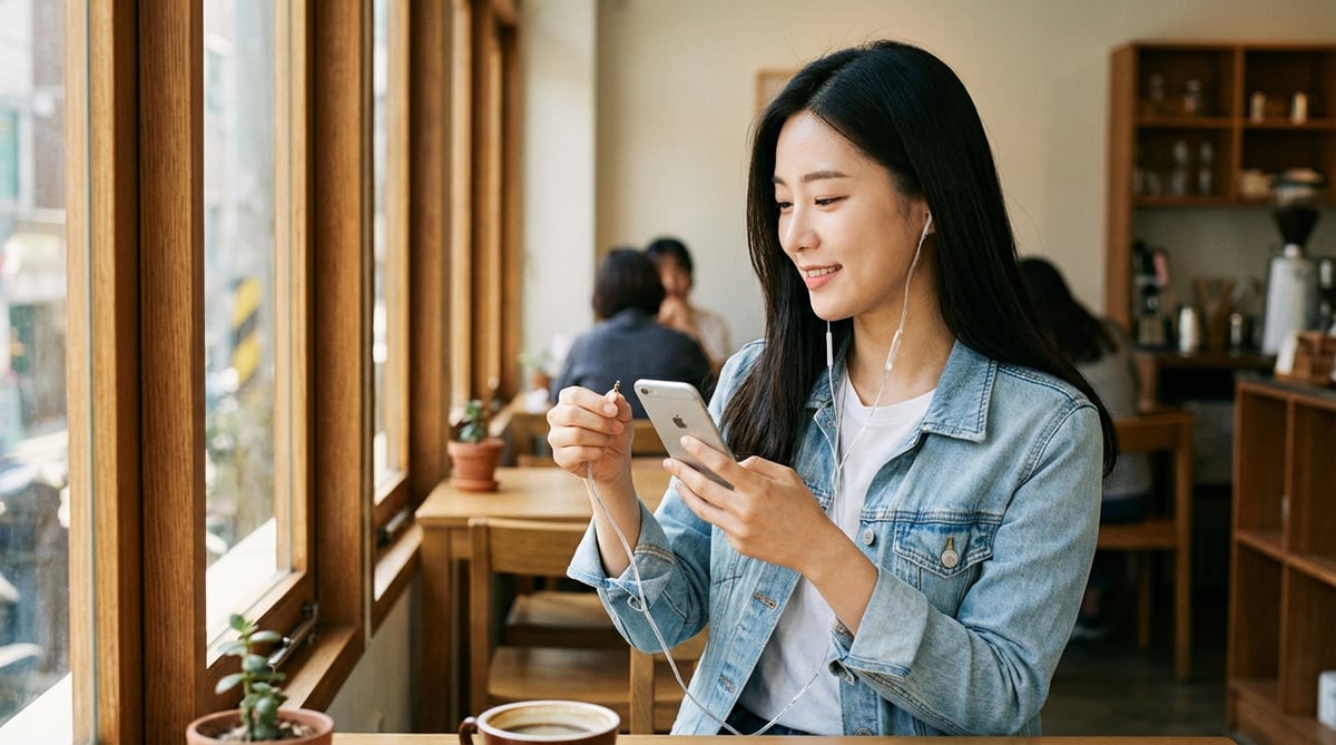 Photorealistic editorial photograph of a beautiful Korean woman in her mid-20s sitting at a minimali