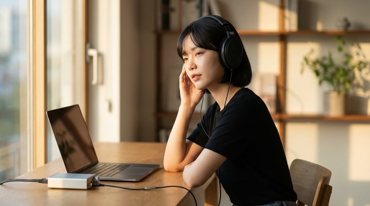 이어폰을 착용하고 집중해서 음악을 듣고 있는 여성