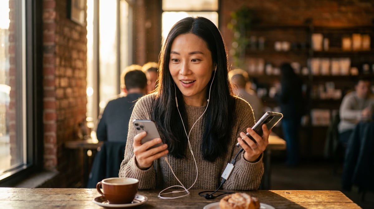 카페에서 스마트폰 직결과 DAC 동글을 비교 청취하는 여성