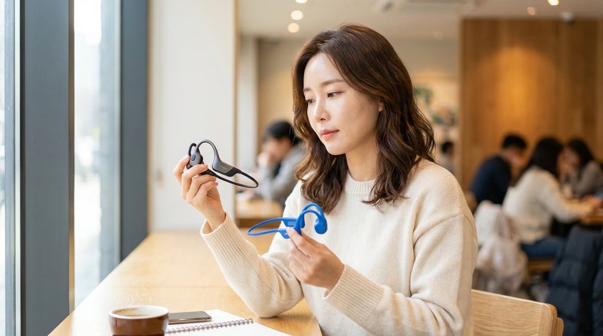 카페에서 골전도 이어폰 두 개를 비교하는 한국인 여성