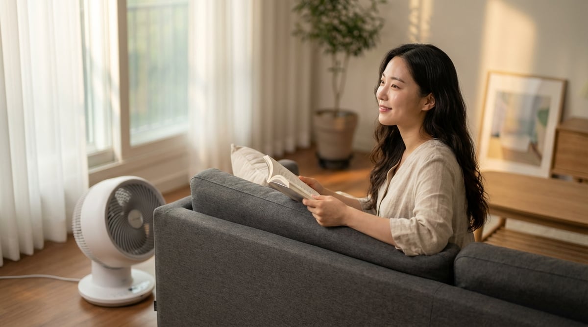 밝은 한국 아파트 거실에서 서큘레이터 옆 소파에 앉아 책을 읽고 있는 20대 후반 한국인 여성의 라이프스타일 사진