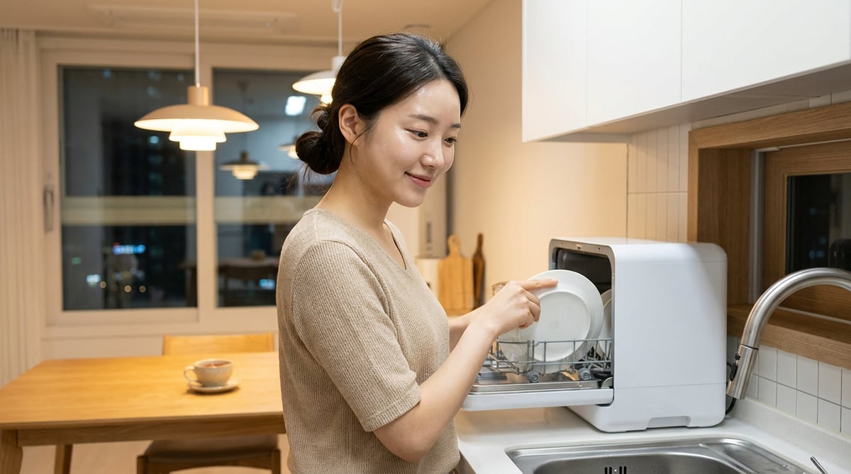 저녁 시간 밝은 주방에서 카운터탑 식기세척기에 접시를 넣고 있는 20대 한국인 여성, 식탁에는 차 한 잔이 놓여 있는 장면