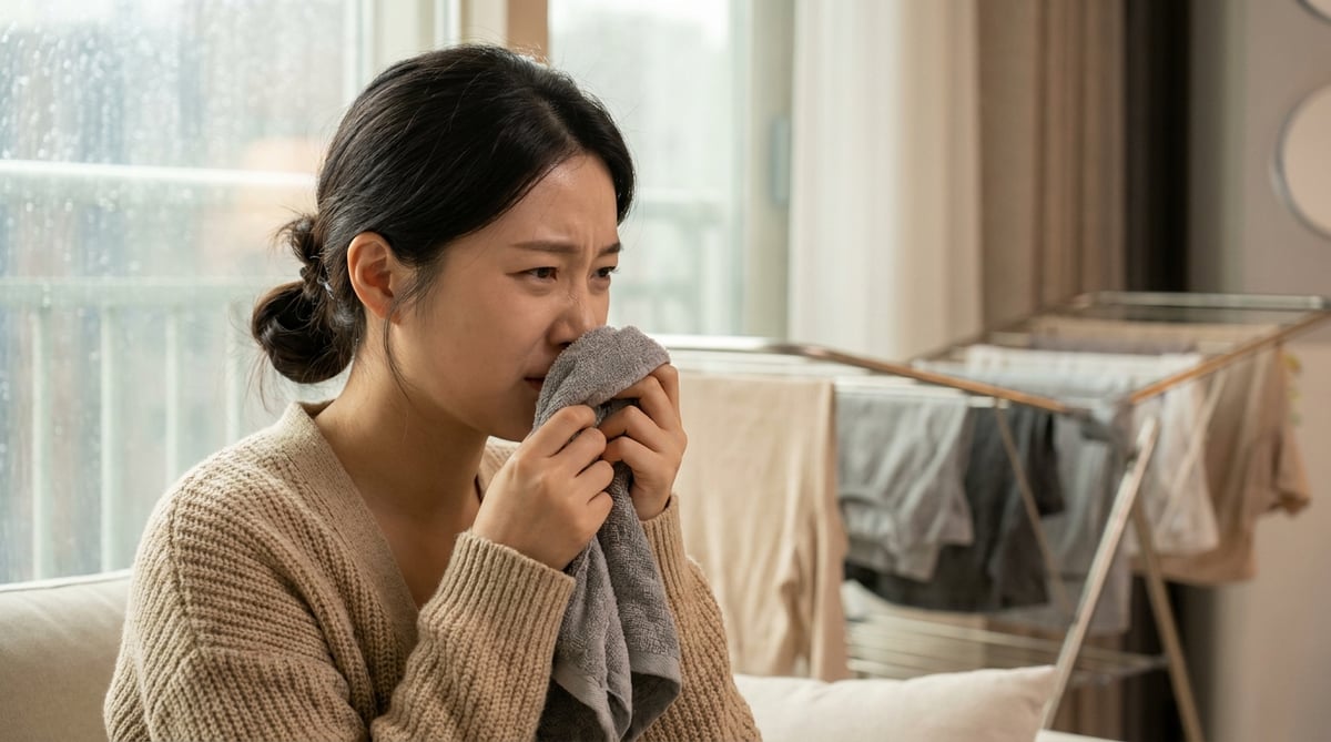 비 오는 날 실내 건조대 앞에서 덜 마른 수건 냄새를 맡으며 얼굴을 찌푸리는 20대 한국인 여성