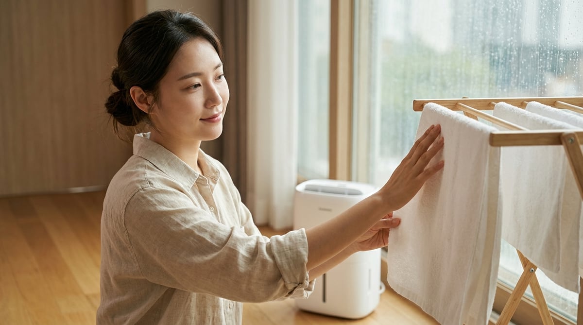 비 오는 날 제습기 옆 실내 건조대에 수건을 널며 마른 수건을 확인하는 20대 한국인 여성