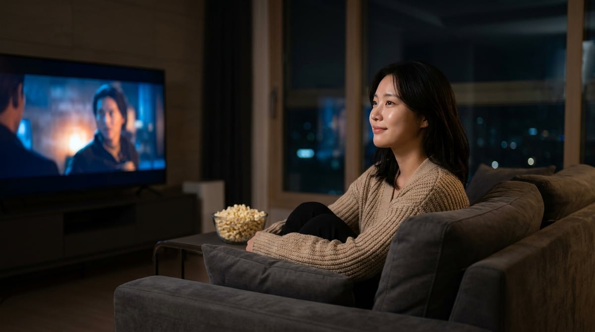 저녁 어두운 거실에서 OLED TV로 영화를 감상하는 20대 한국인 여성