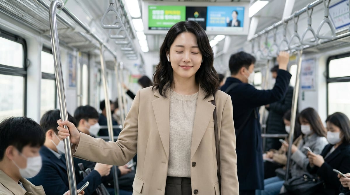아침 출근길 지하철에서 무선이어폰을 끼고 눈을 감은 채 손잡이를 잡고 서 있는 20대 후반 한국인 여성