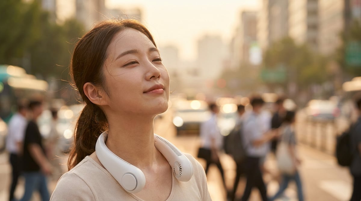 무더운 여름 도심 거리에서 흰색 넥풍기(목걸이 선풍기)를 착용하고 시원한 표정을 짓는 한국인 여성