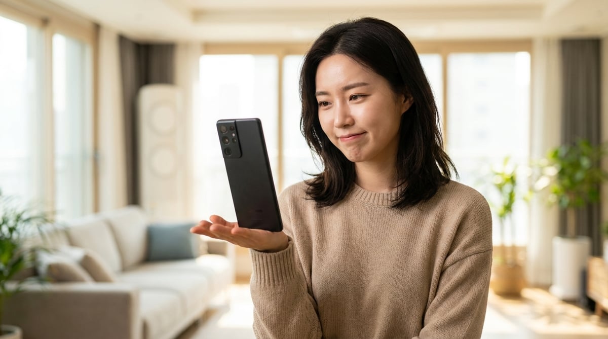 밝은 거실에서 대화면 스마트폰을 손바닥에 올려 무게를 가늠하는 20대 한국인 여성