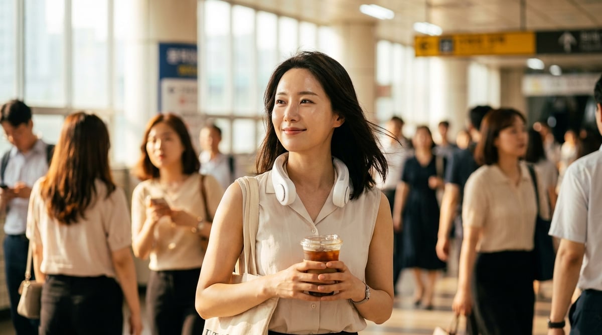 여름 출근길 지하철 환승 통로에서 무풍 넥풍기를 목에 걸고 두 손에 가방과 커피를 든 한국인 여성