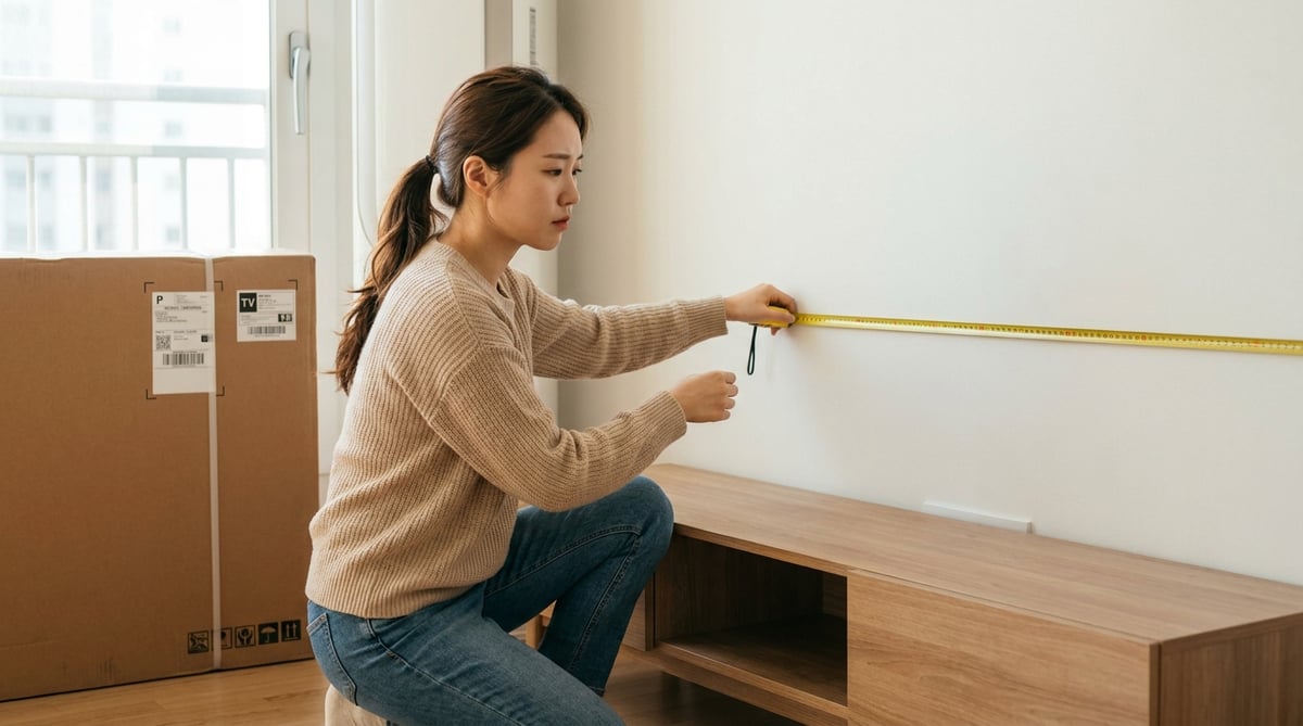75인치 TV 설치를 위해 거실 벽면을 줄자로 재는 한국인 여성과 대형 TV 포장 박스