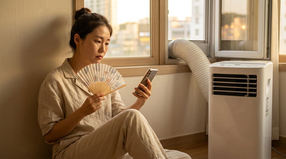 열대야 원룸에서 이동식 에어컨 배기 호스를 창에 걸어두고 스마트폰으로 창문형 에어컨과 비교 검색하는 한국인 여성