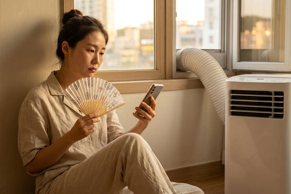 열대야 원룸에서 이동식 에어컨 배기 호스를 창에 걸어두고 스마트폰으로 창문형 에어컨과 비교 검색하는 한국인 여성