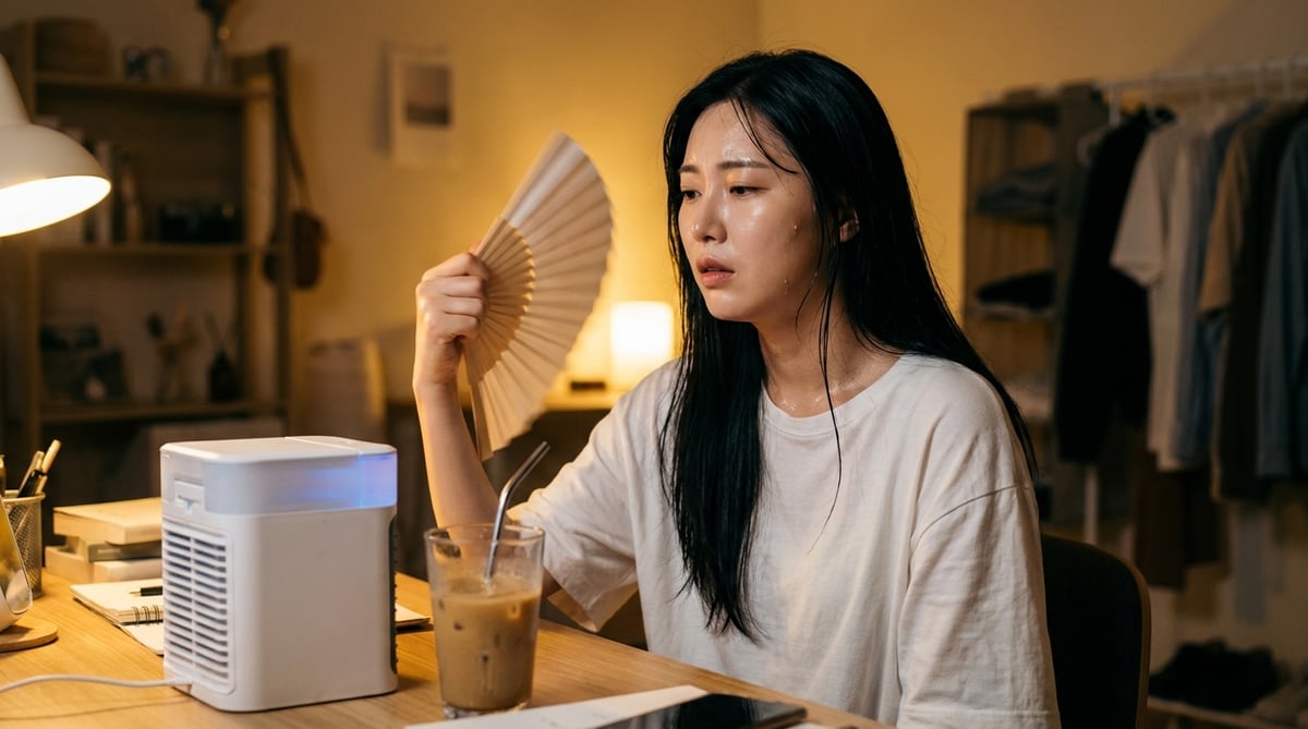습한 여름 밤 원룸 책상에서 미니 냉풍기를 켜두고도 부채질을 하는 한국인 여성
