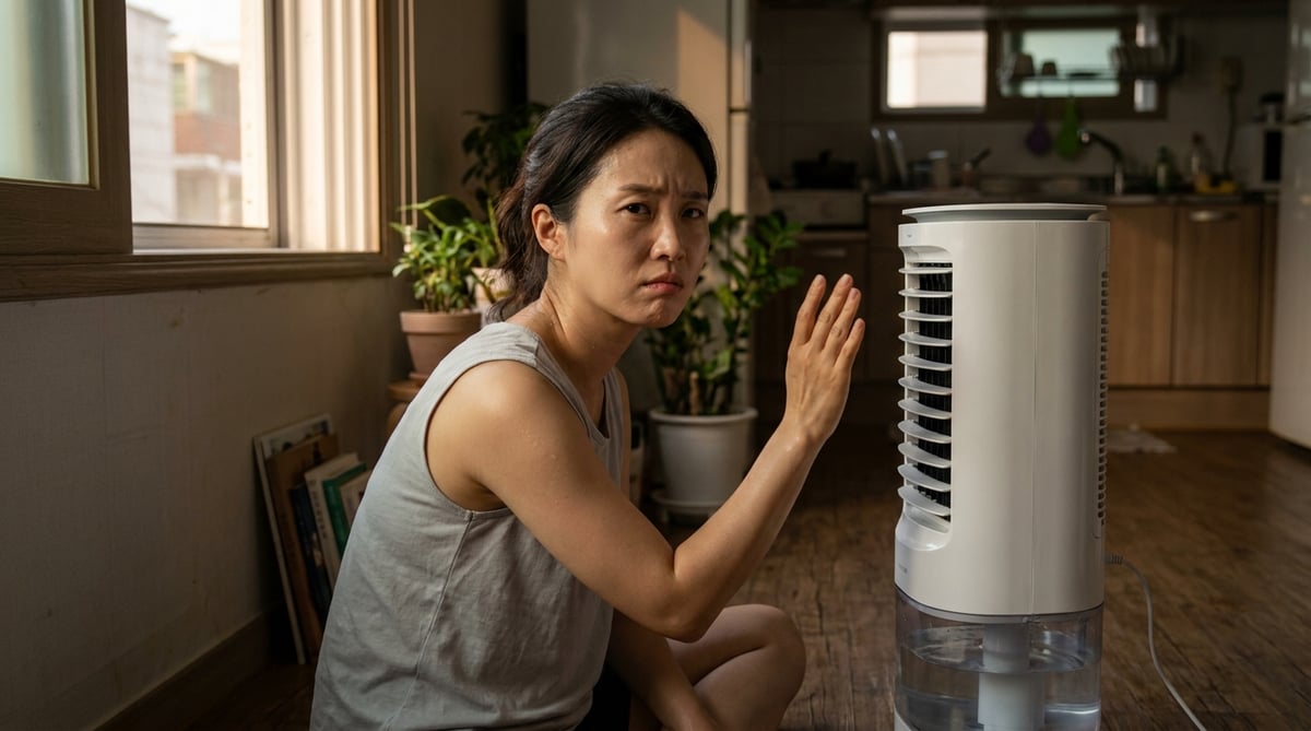 여름 원룸에서 냉풍기 바람에 손을 대보며 효과를 의심하는 표정의 한국인 여성