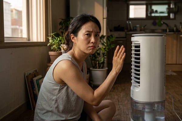여름 원룸에서 냉풍기 바람에 손을 대보며 효과를 의심하는 표정의 한국인 여성