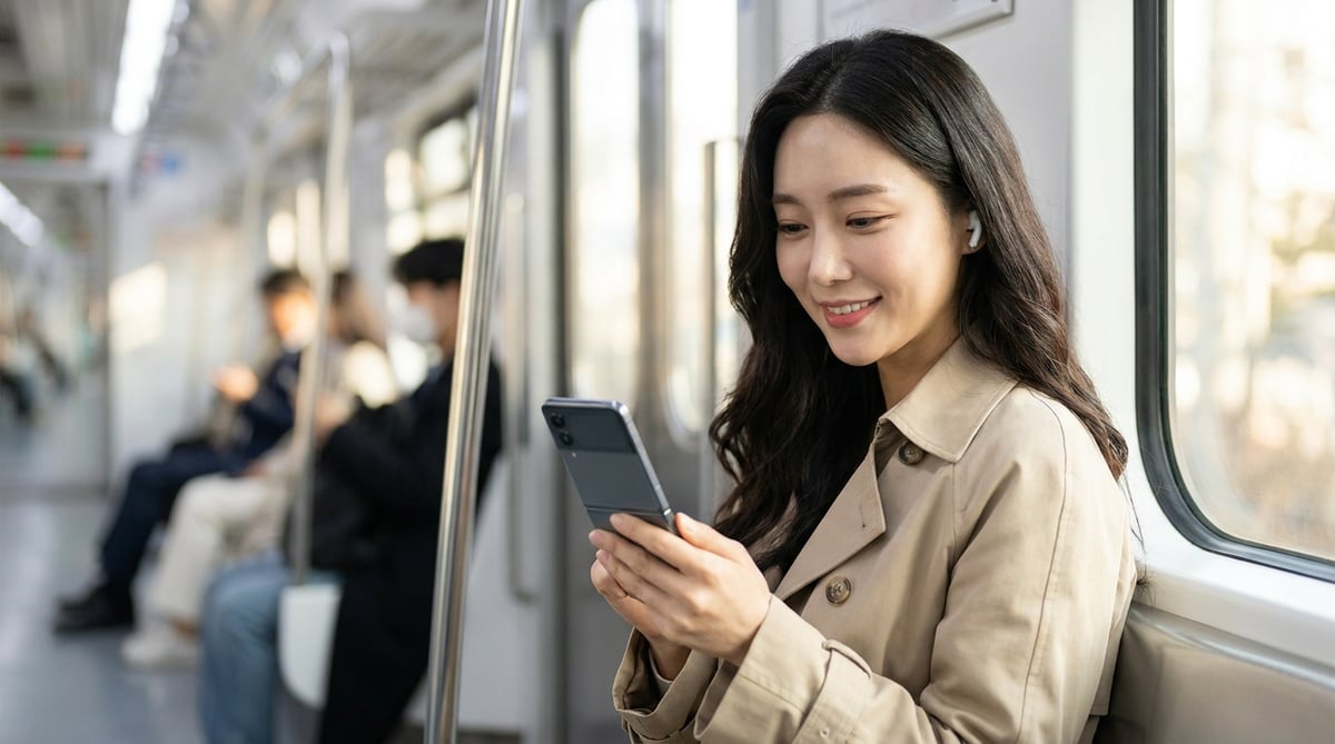 지하철에서 폴더블 스마트폰으로 영상을 보는 한국인 여성