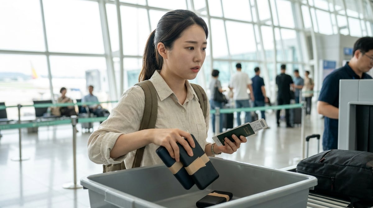 공항 보안검색대에서 단자를 절연 처리한 보조배터리 두 개를 트레이에 올리는 한국인 여성