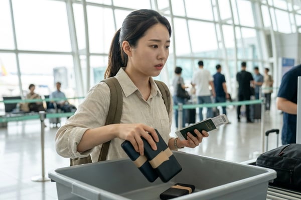 공항 보안검색대에서 단자를 절연 처리한 보조배터리 두 개를 트레이에 올리는 한국인 여성