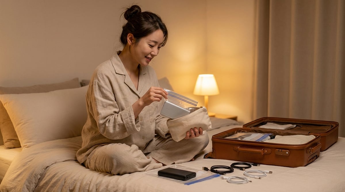 여행 전날 침대에서 보조배터리를 지퍼백에 하나씩 나눠 담으며 짐을 싸는 한국인 여성