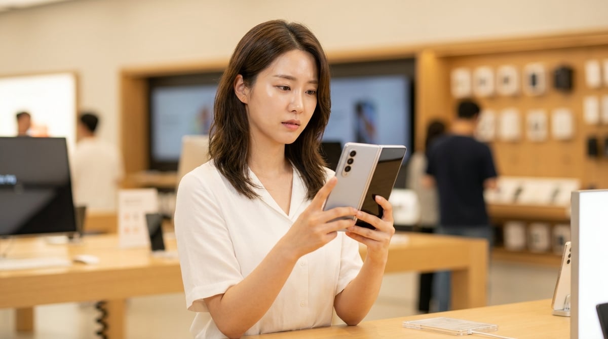 삼성 매장에서 폴더블 스마트폰을 살펴보며 구매를 고민하는 한국인 여성