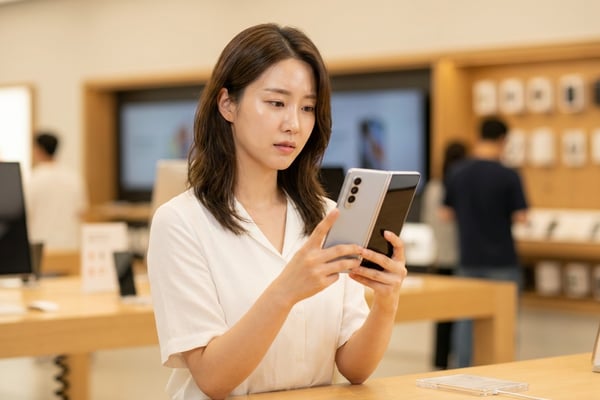 삼성 매장에서 폴더블 스마트폰을 살펴보며 구매를 고민하는 한국인 여성