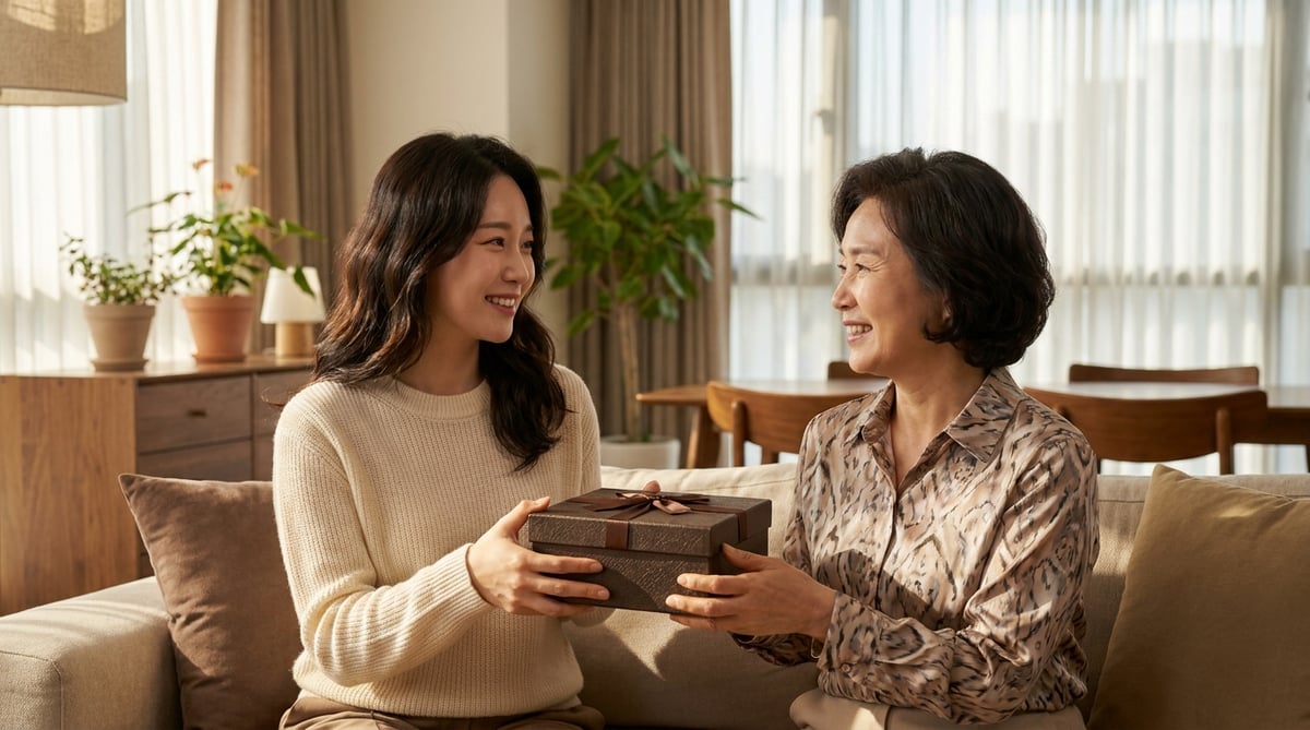 60대 어머니에게 흑염소진액 선물세트를 두 손으로 건네는 30대 딸, 거실 창가의 따뜻한 오후 햇살