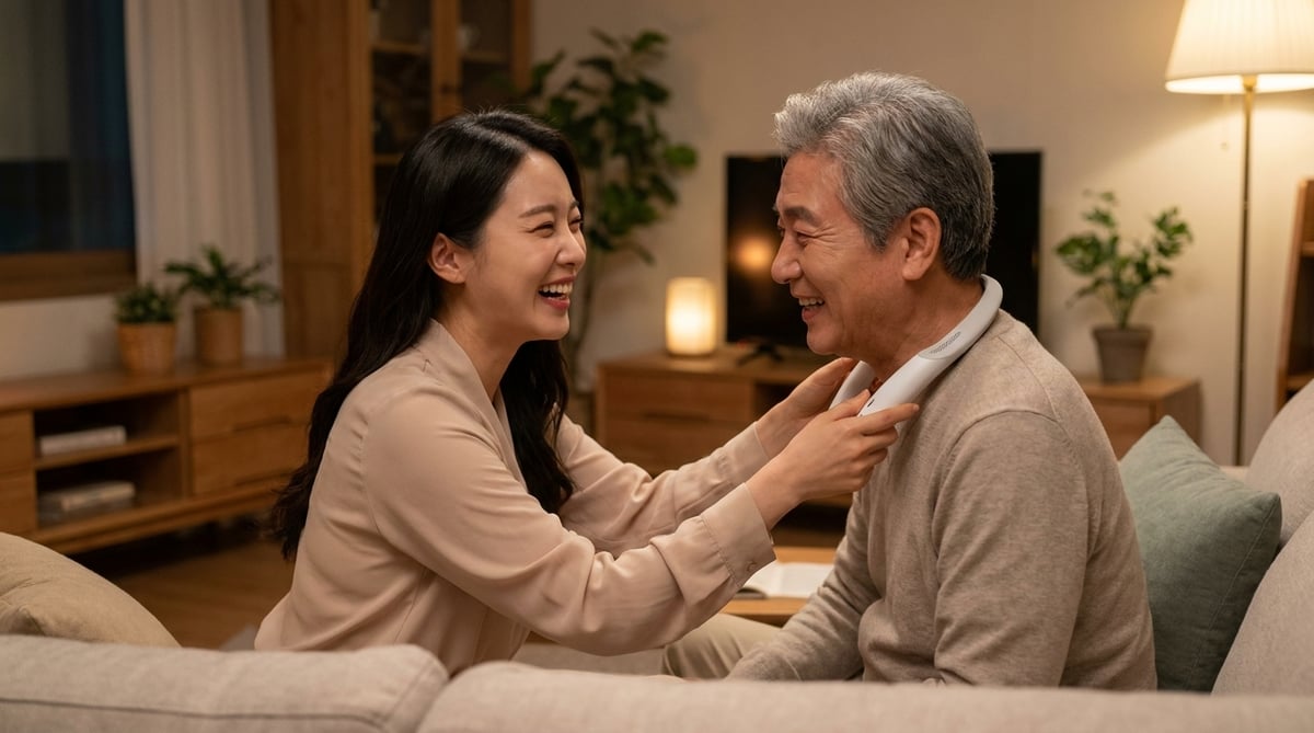 거실 소파에서 30대 딸이 60대 아버지 목에 TV용 무선 넥스피커를 걸어드리며 함께 웃는 장면