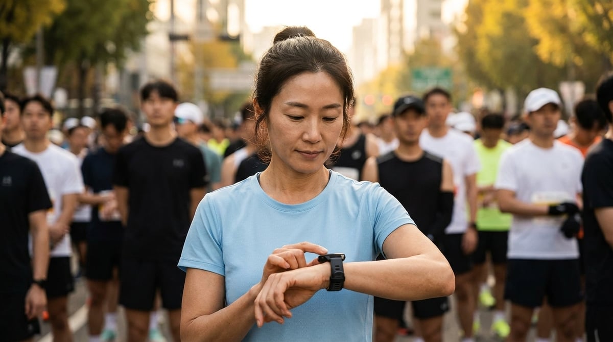 마라톤 출발선에서 손목의 가민 러닝워치를 확인하는 40대 여성 러너