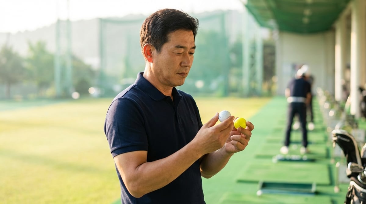 골프 연습장에서 두 개의 골프공을 비교하며 살펴보는 40대 한국인 남성. 폴로셔츠를 입고 진지한 표정으로 공을 검토하고 있다.